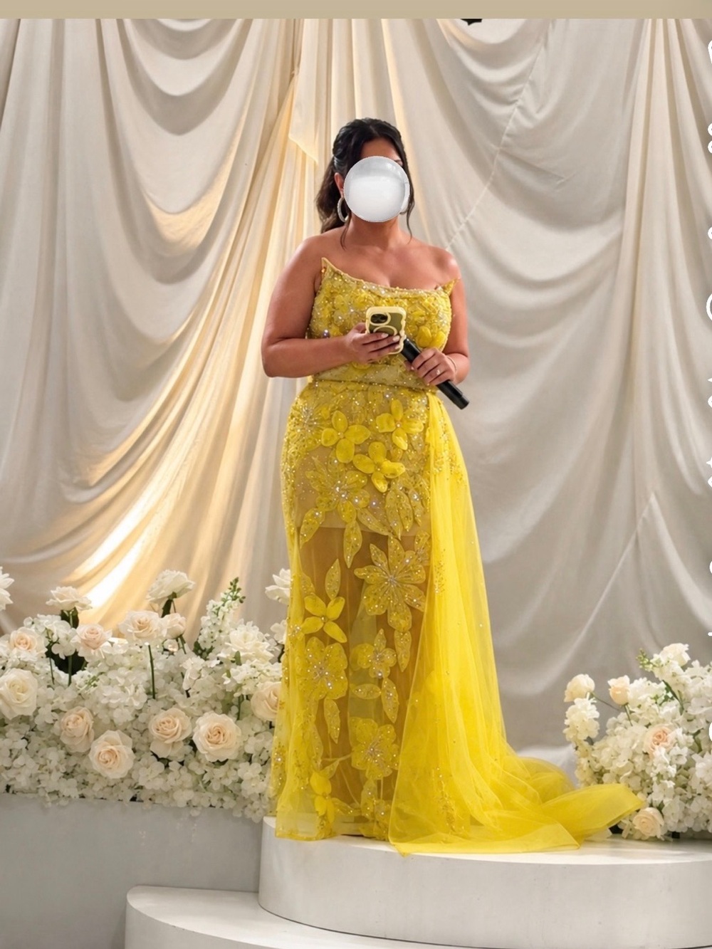 Yellow Floral Embellished Evening Gown